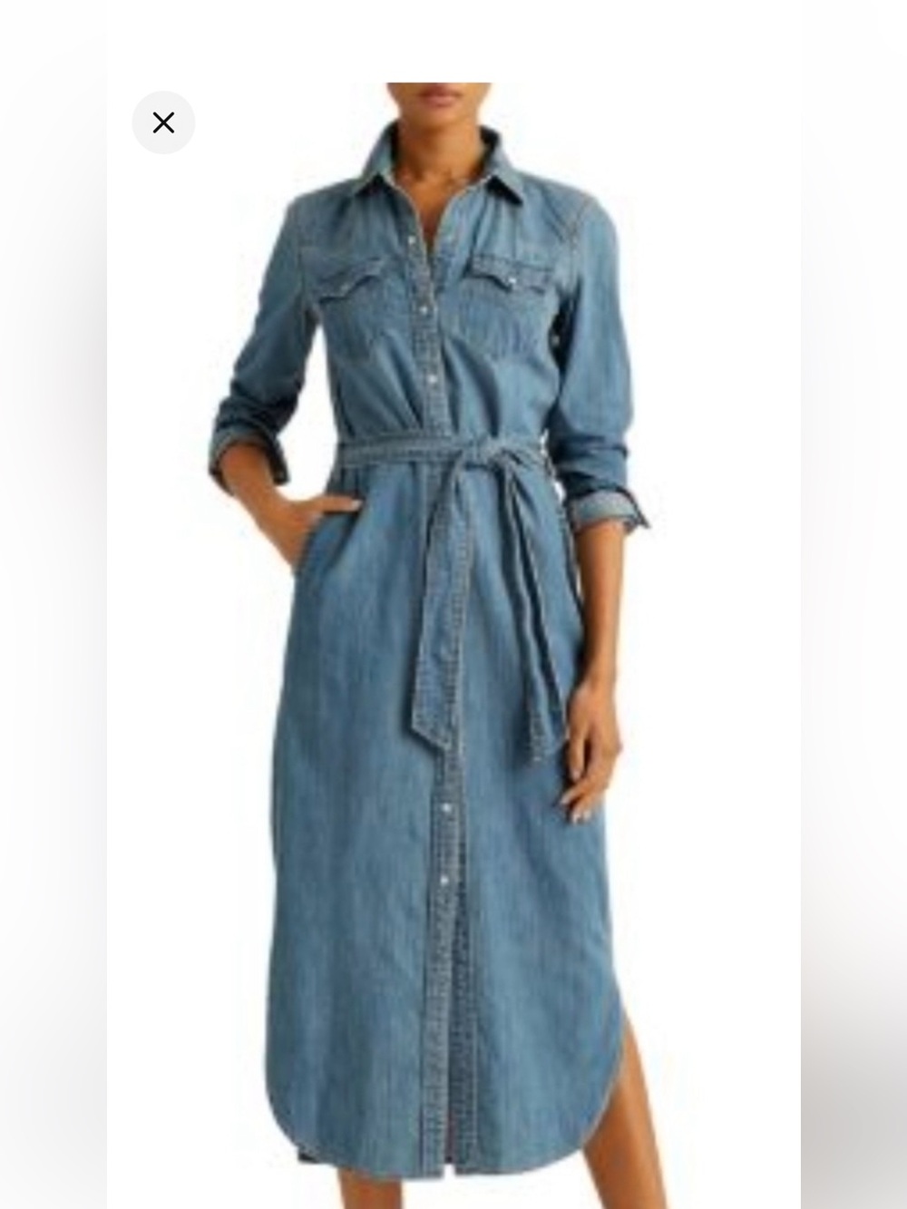 Lauren Ralph Lauren Denim Midi Shirt Dress Branded Pearl Snap Buttons Pockets